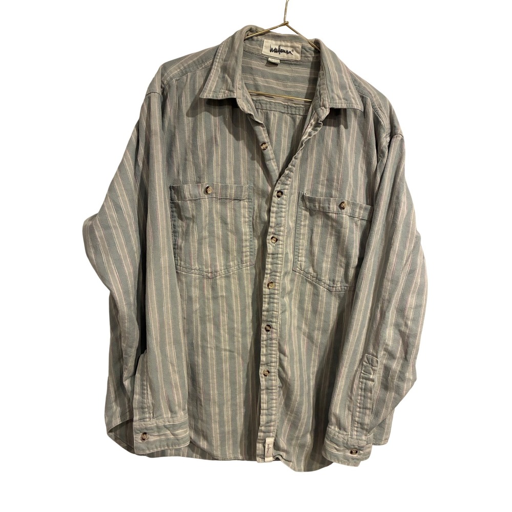 Wallman Mens Large Cotton Striped Long Sleeve Button Down Shirt Blue Grey Pink